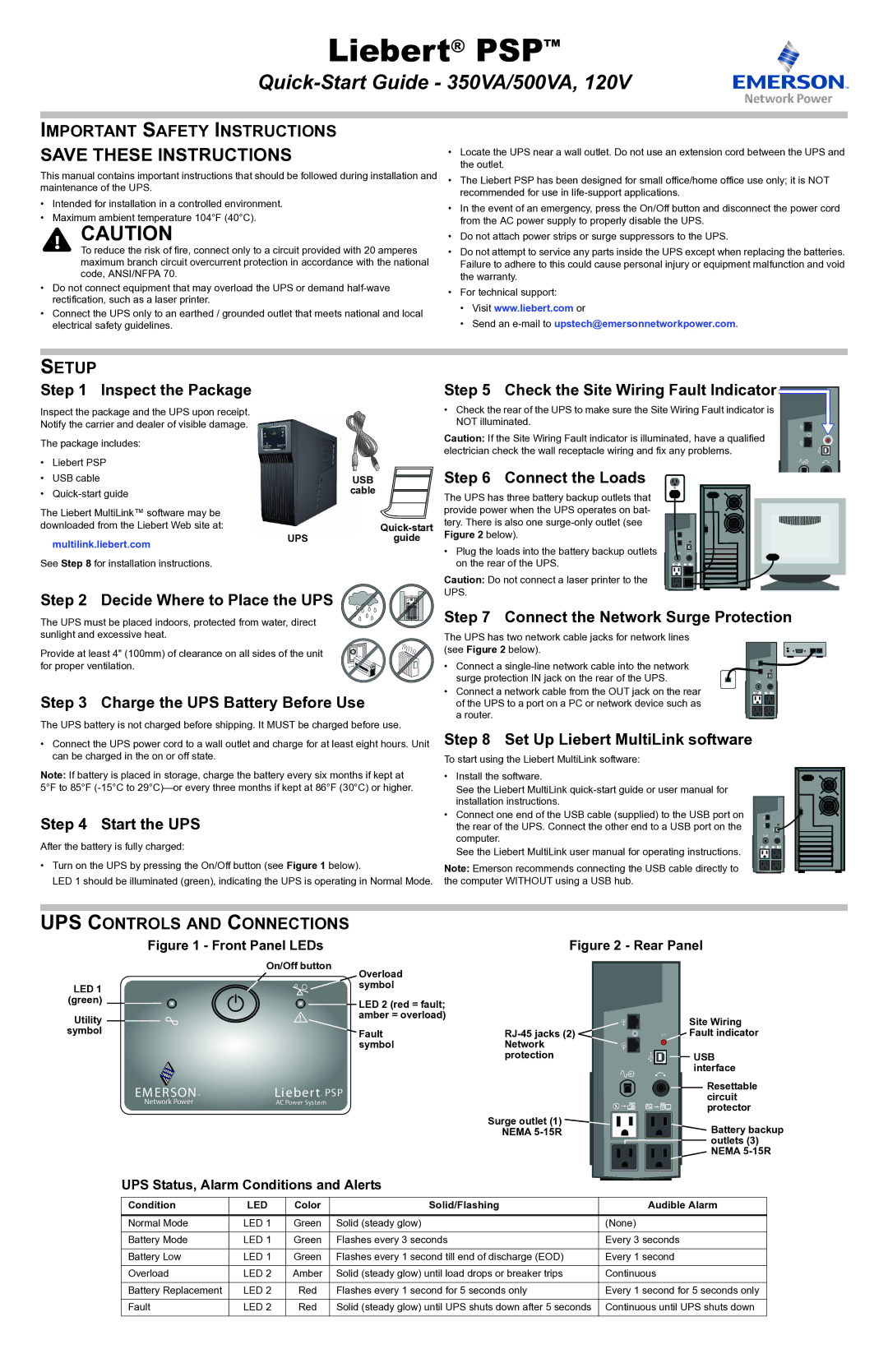 Emerson 350VA, 500VA, 120V quick start Important Safety Instructions, Setup, UPS Controls and Connections 