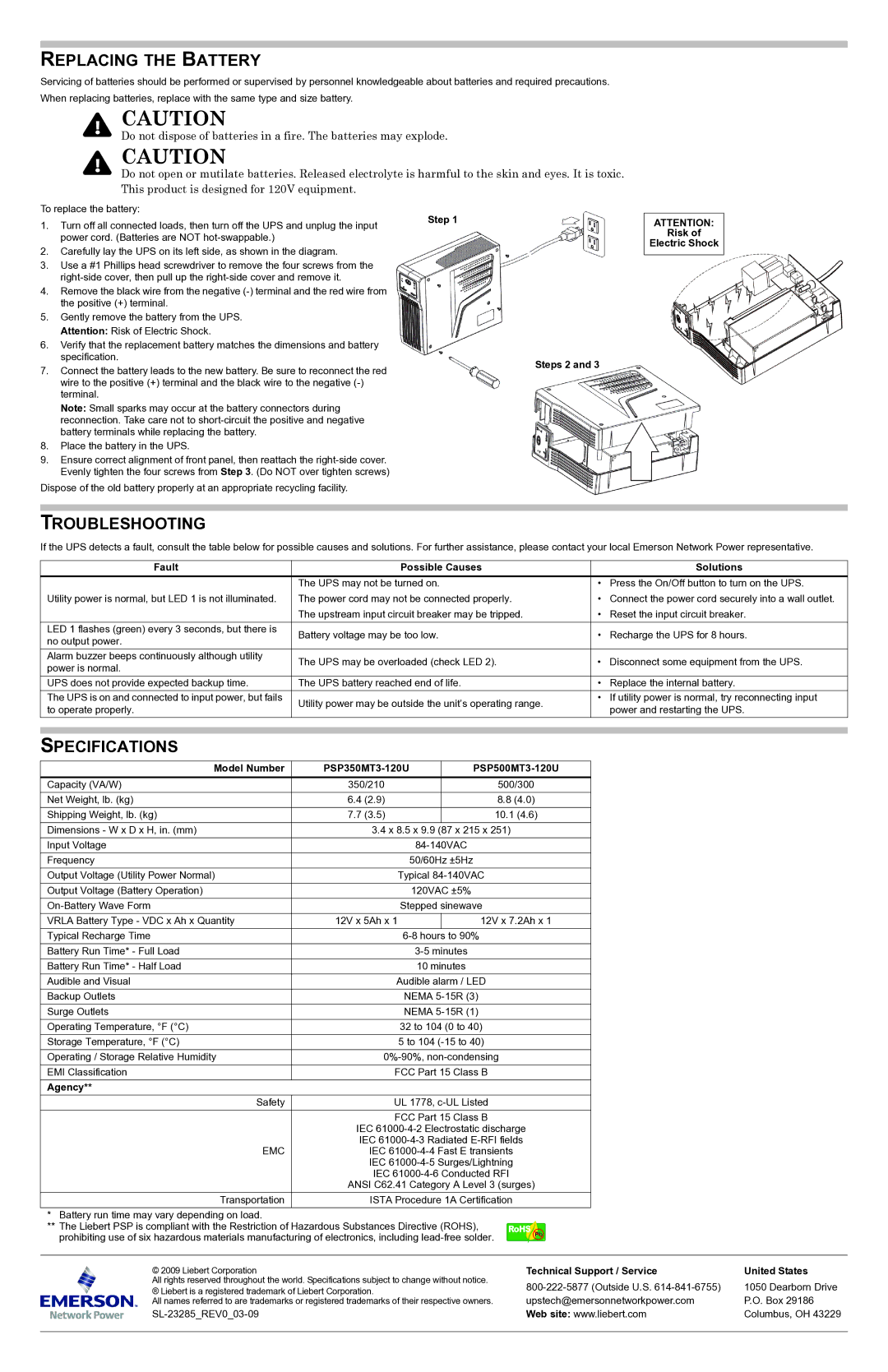 Emerson 120V, 500VA, 350VA quick start Replacing the Battery, Troubleshooting, Specifications 