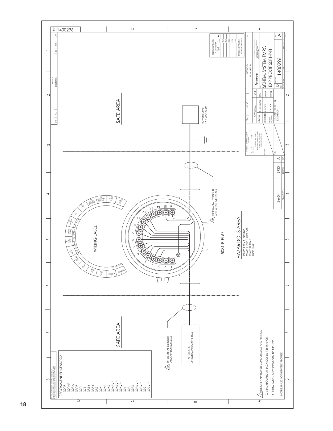 Emerson 5081-P-FF/FI instruction sheet Safe Area, D1400296, Hazardousarea, Wiring Label, P-FI-67 