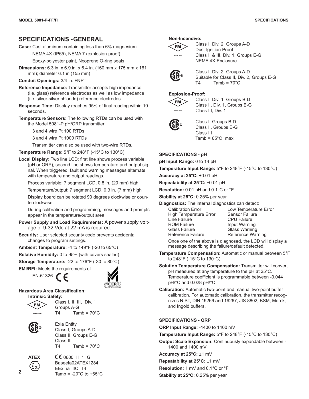 Emerson 5081-P-FF/FI instruction sheet Specifications -General 