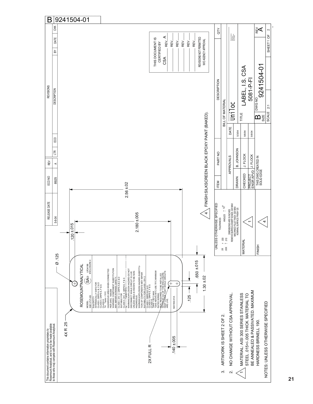 Emerson 5081-P-FF/FI instruction sheet 9241504-01, Label, I.S. Csa, Uniloc, P-Fi 