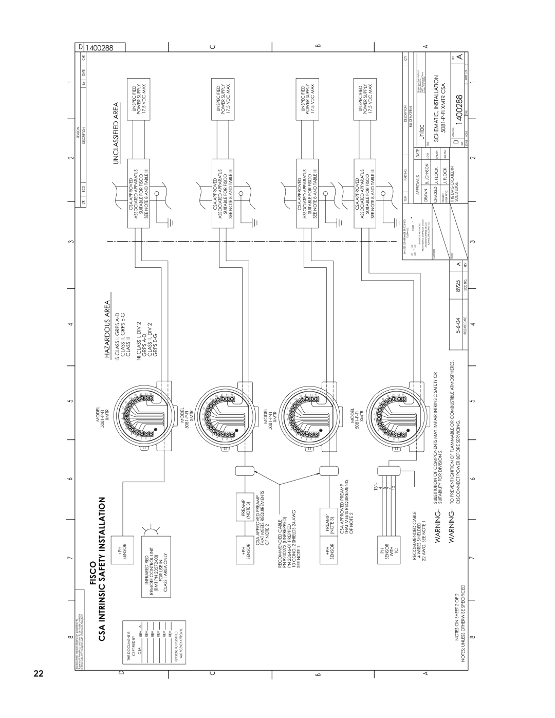 Emerson 5081-P-FF/FI instruction sheet Fisco Csa Intrinsic Safety Installation, 1400288, Hazardous Area, Unclassified Area 