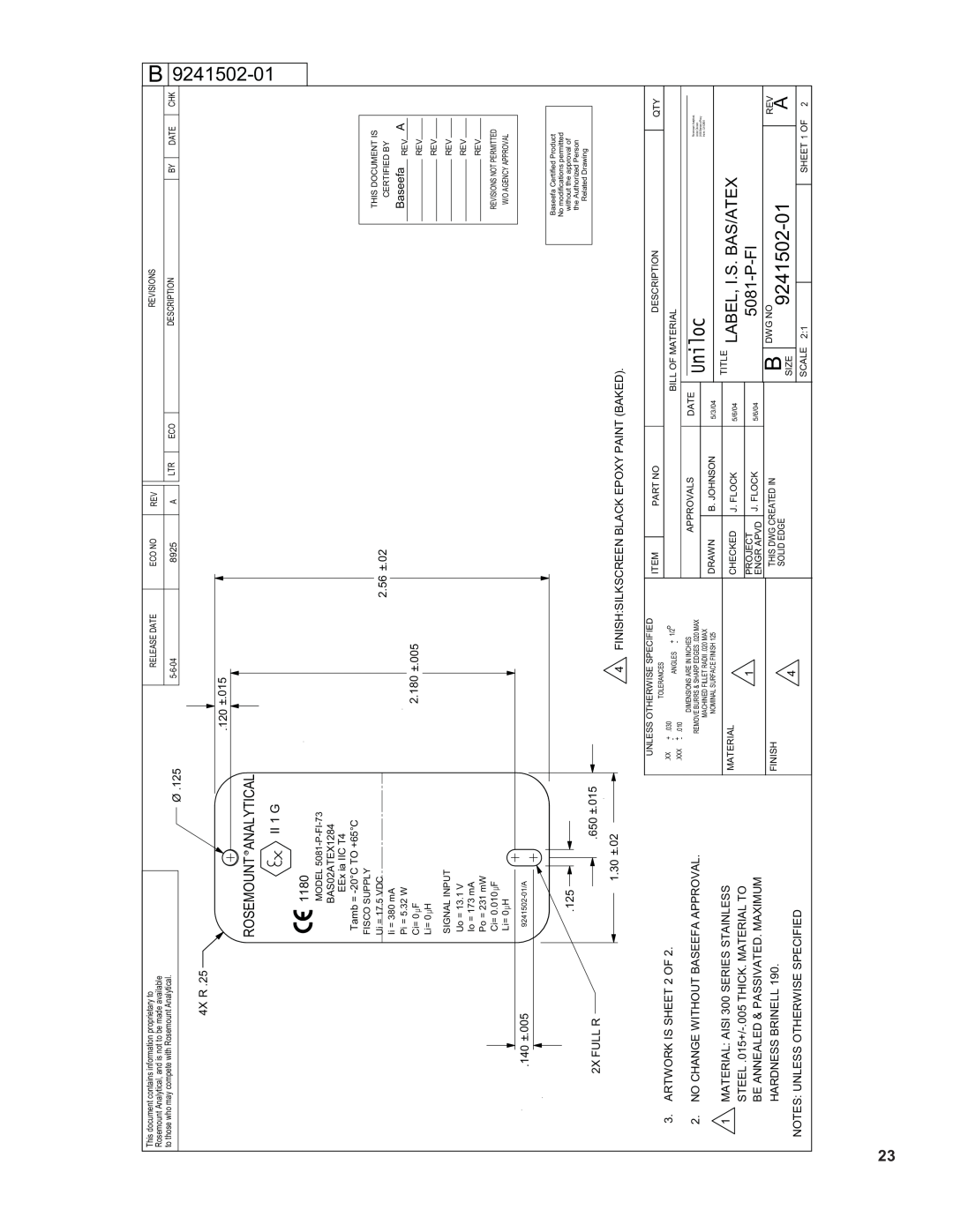 Emerson 5081-P-FF/FI instruction sheet Label, I.S. Bas/Atex, 9241502-01, P-Fi, Uniloc, ROSEMOUNT R ANALYTICAL II 1 G 