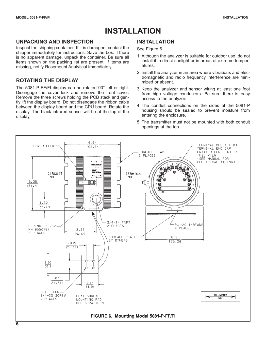 Emerson instruction sheet Installation, Unpacking And Inspection, Rotating The Display, Mounting Model 5081-P-FF/FI 