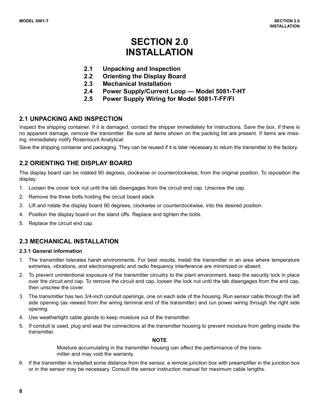 Emerson 5081-T Section Installation, Unpacking and Inspection, Orienting the Display Board, Mechanical Installation 