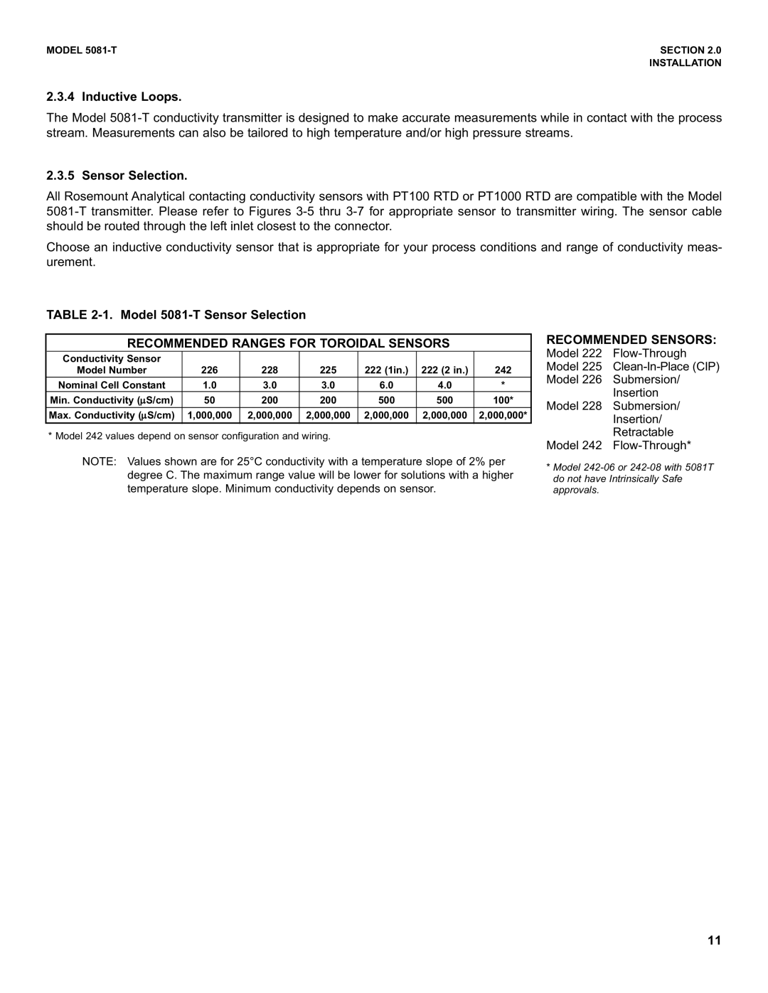 Emerson instruction manual Inductive Loops, Model 5081-T Sensor Selection, Recommended Sensors 