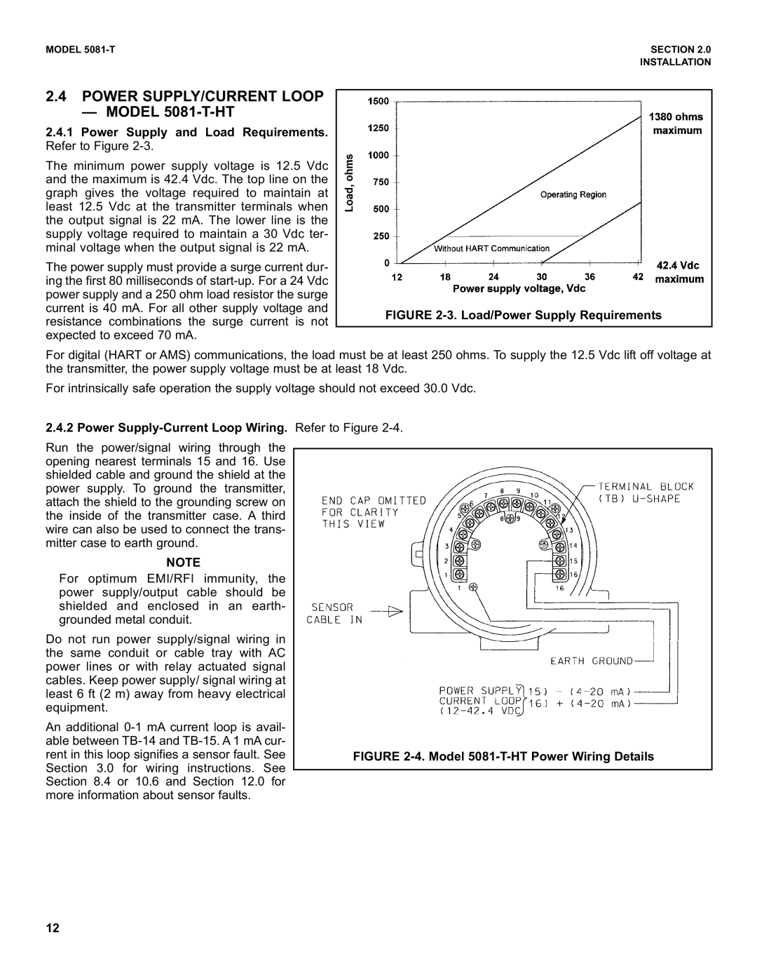 Emerson Power SUPPLY/CURRENT Loop, Model 5081-T-HT, Power Supply and Load Requirements. Refer to Figure 