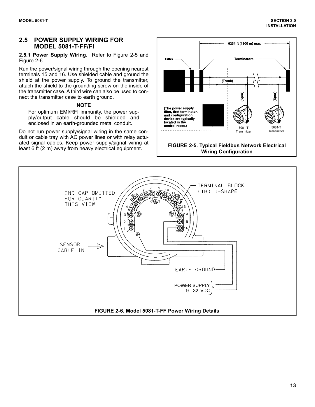 Emerson Power Supply Wiring for Model 5081-T-FF/FI, Typical Fieldbus Network Electrical Wiring Configuration 