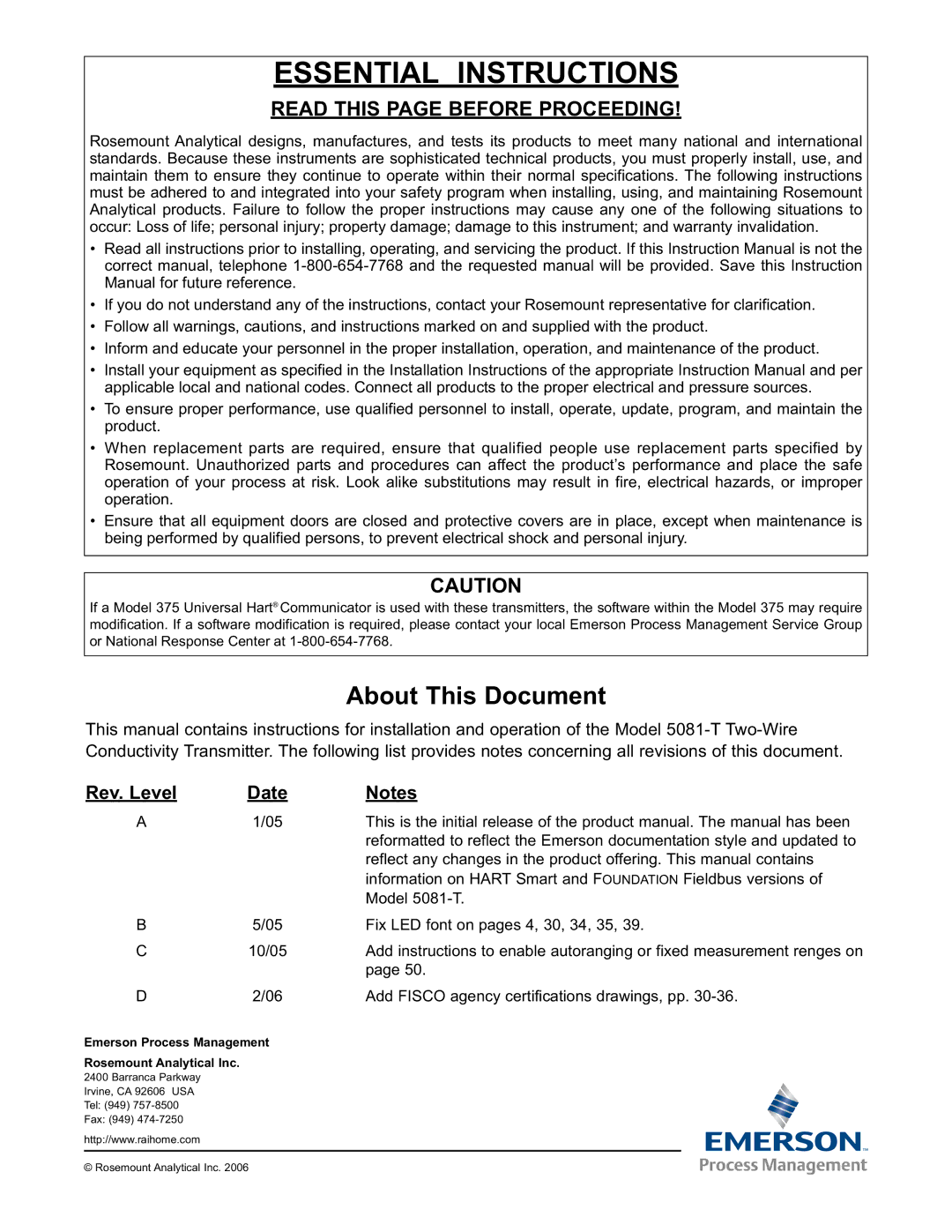 Emerson 5081-T instruction manual Essential Instructions, Rev. Level Date 