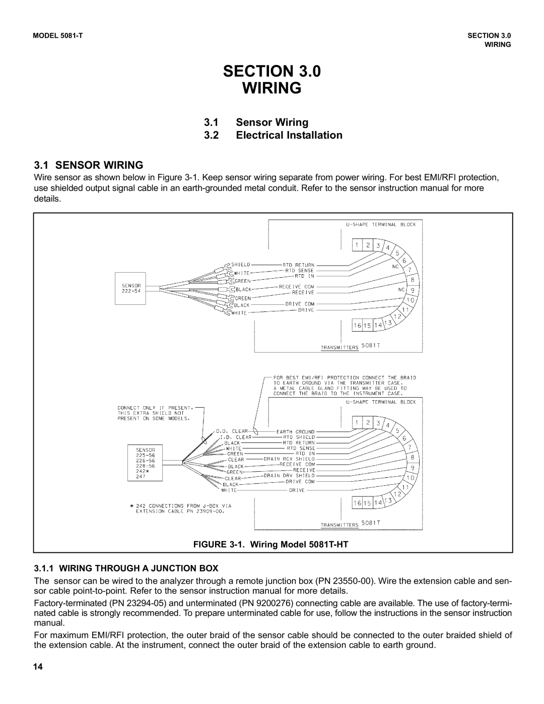 Emerson 5081-T instruction manual Section Wiring, Sensor Wiring Electrical Installation, Wiring Through a Junction BOX 