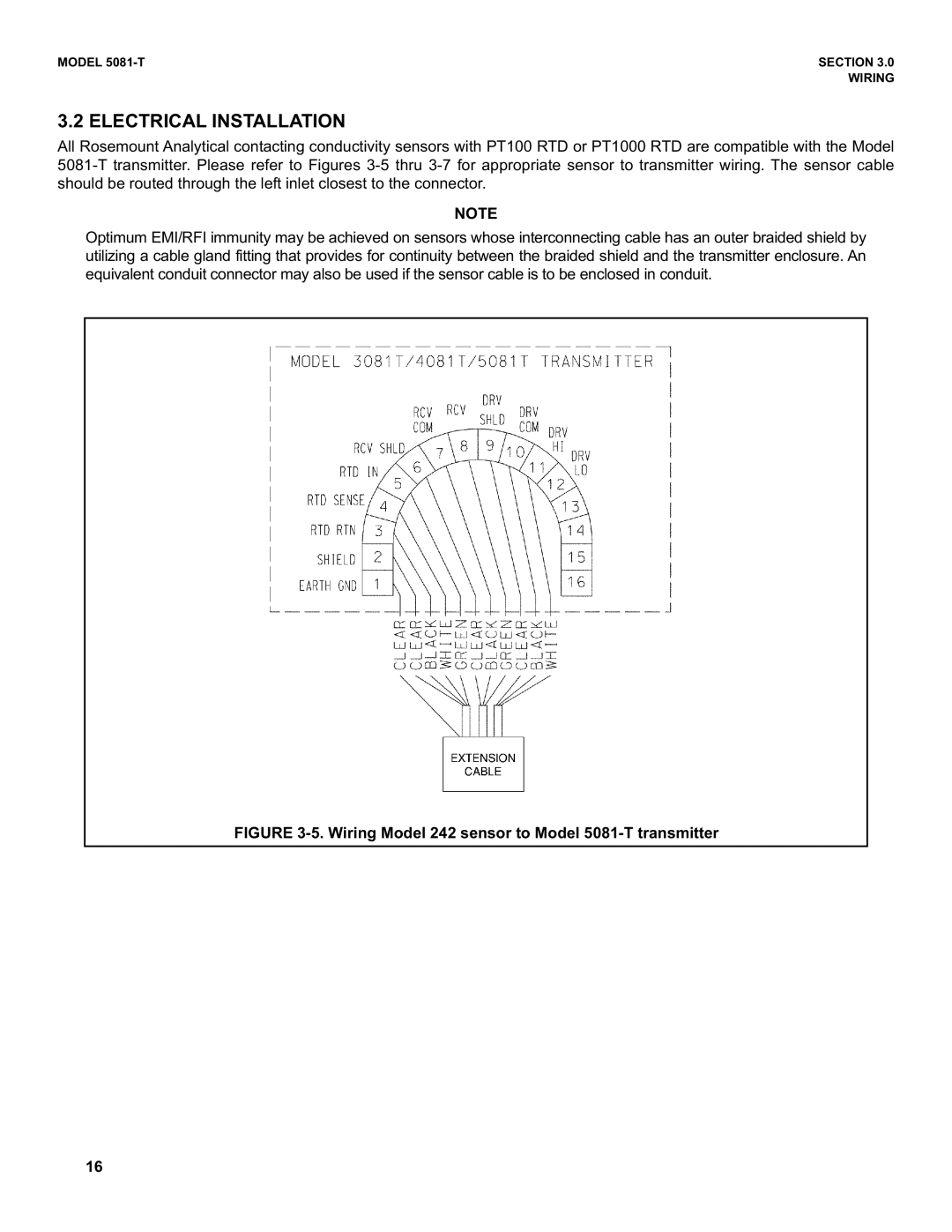 Emerson instruction manual Electrical Installation, Wiring Model 242 sensor to Model 5081-T transmitter 