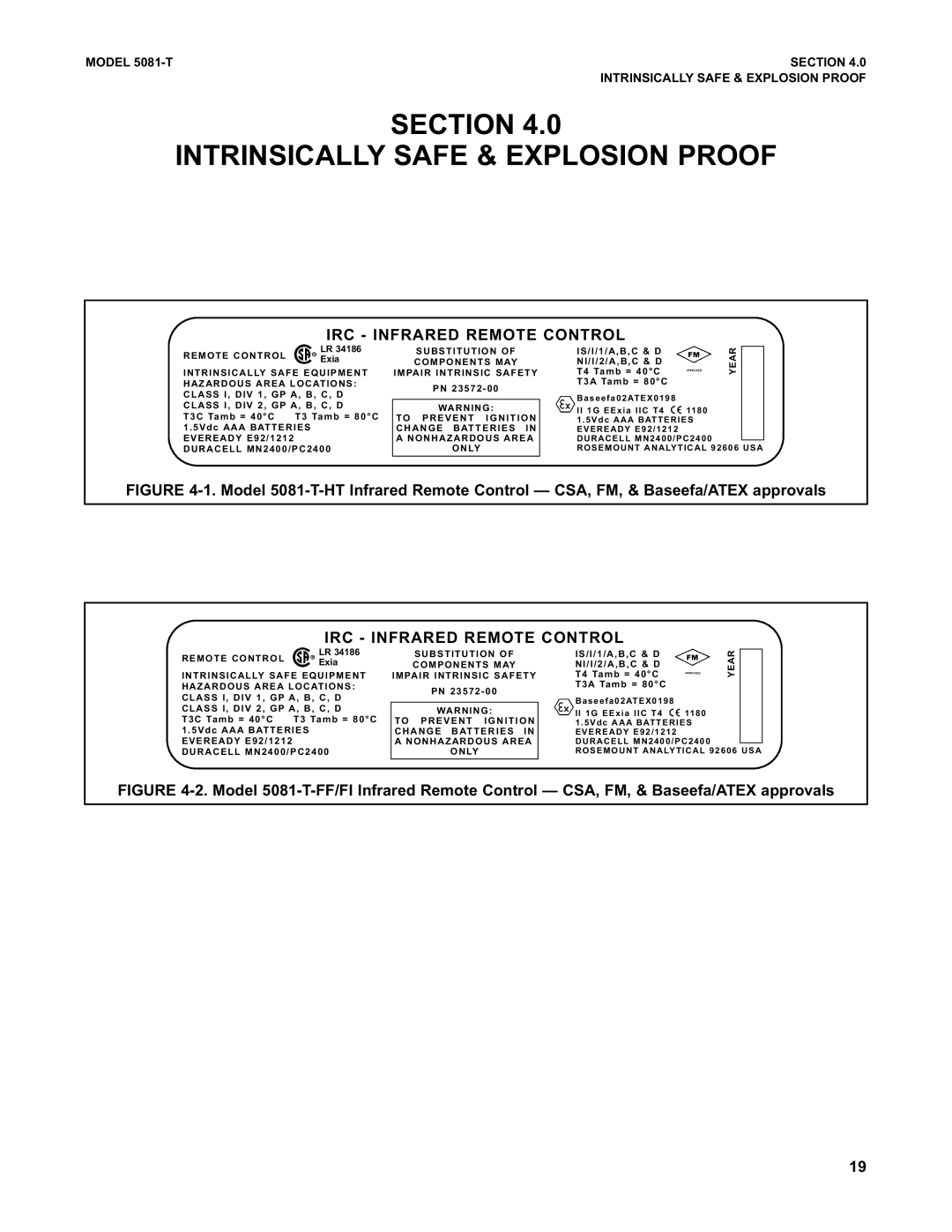 Emerson 5081-T instruction manual Section Intrinsically Safe & Explosion Proof, IRC Infrared Remote Control 