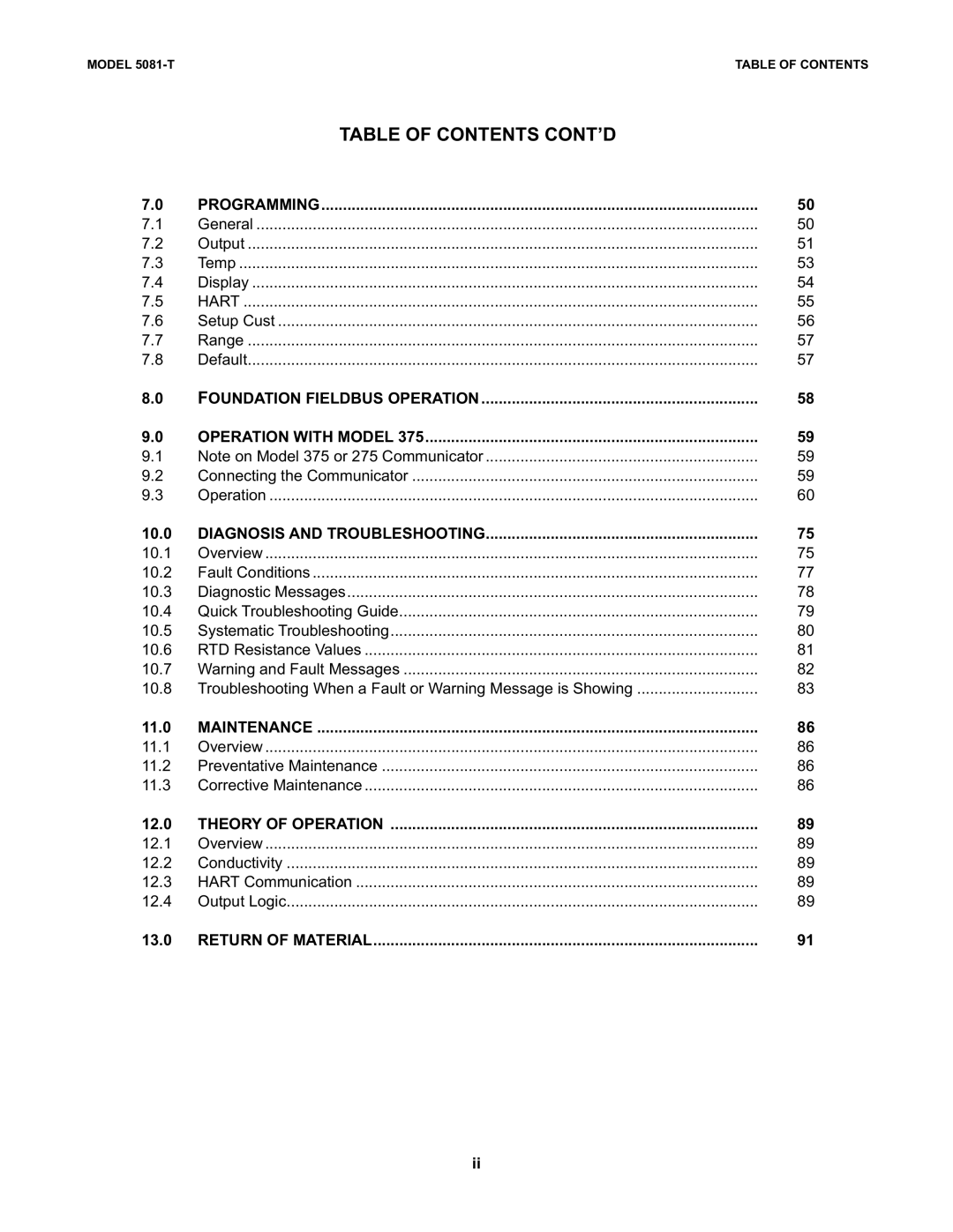 Emerson 5081-T instruction manual Table of Contents CONT’D 