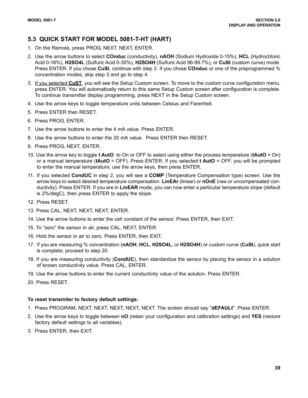 Emerson instruction manual Quick Start for Model 5081-T-HT Hart, To reset transmiter to factory default settings 