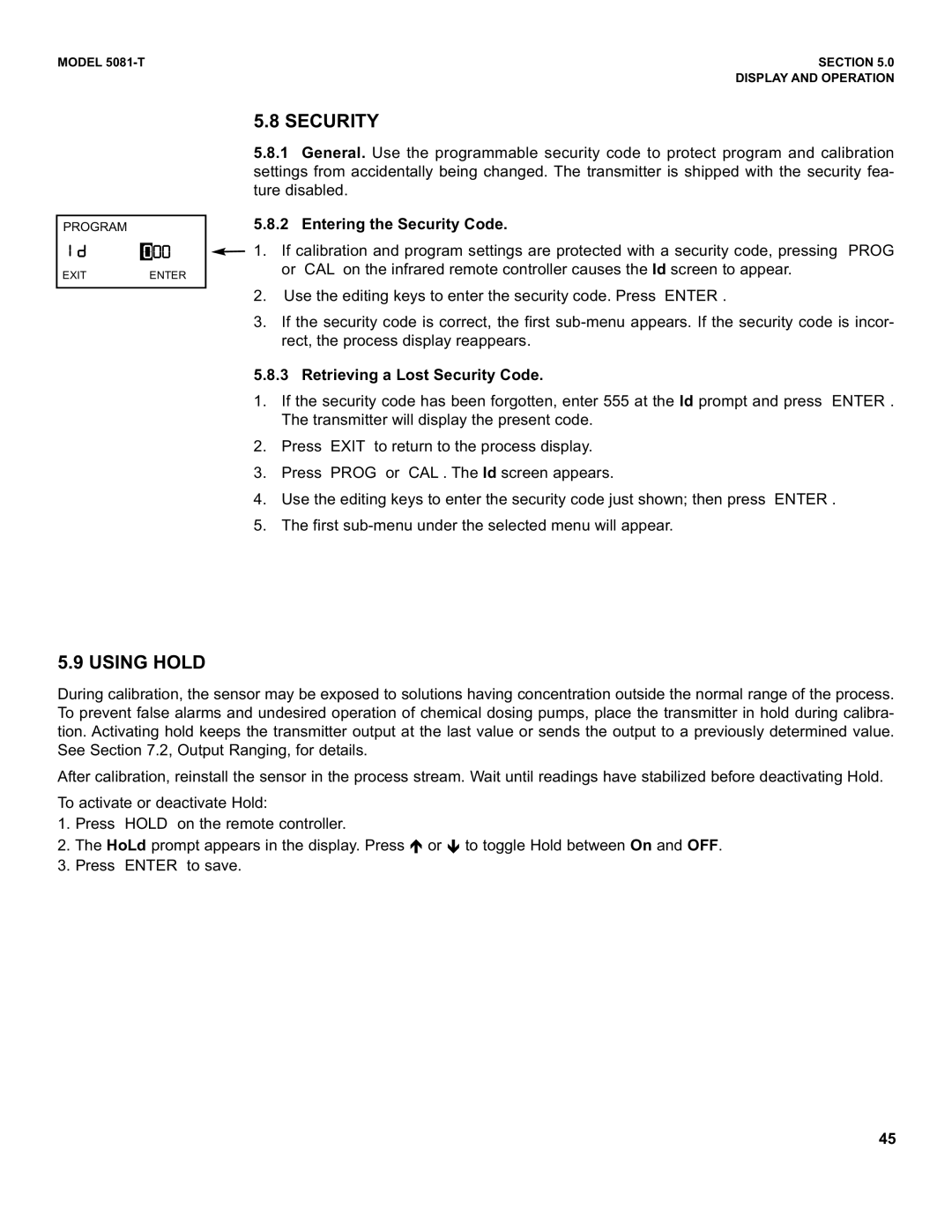 Emerson 5081-T instruction manual Using Hold, Entering the Security Code, Retrieving a Lost Security Code 