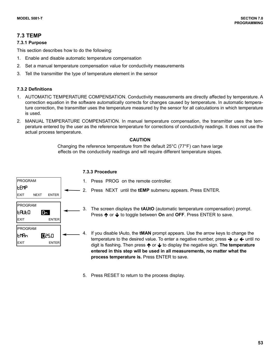 Emerson 5081-T instruction manual Temp, U7-P, Process temperature is. Press Enter to save 