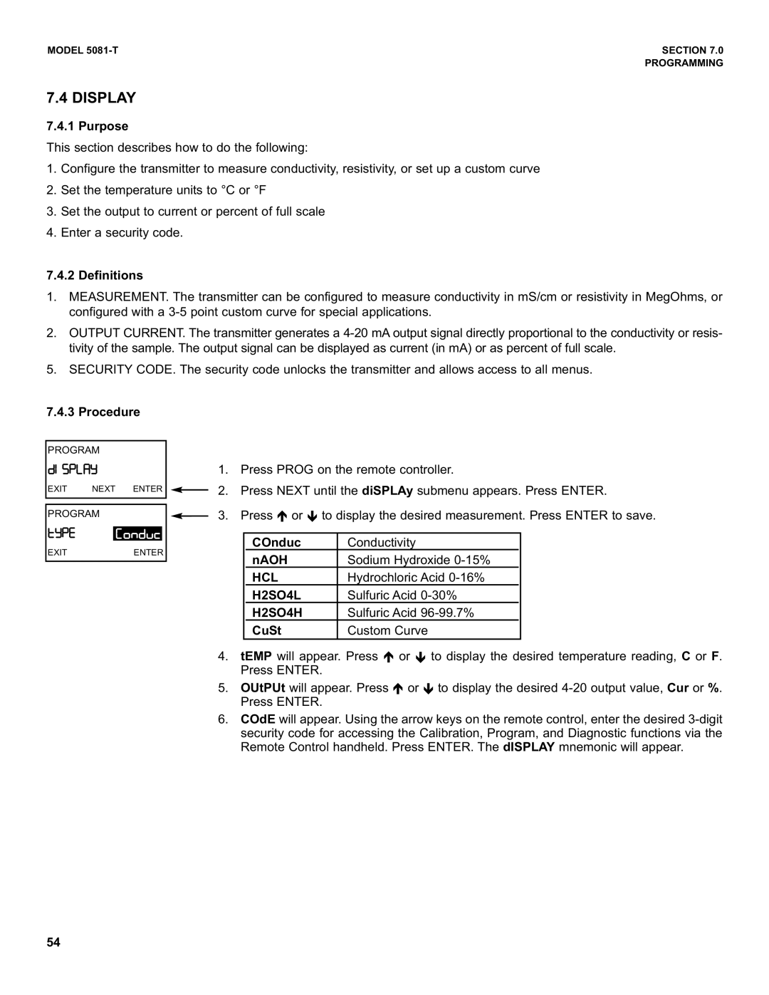 Emerson 5081-T instruction manual Display, G5-A, Hcl, H2SO4L, H2SO4H 