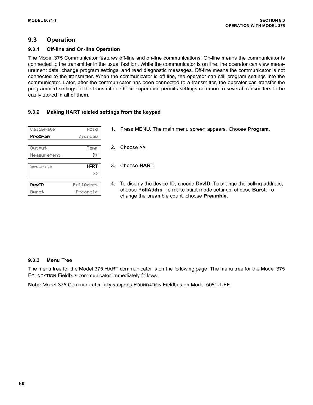 Emerson 5081-T instruction manual Off-line and On-line Operation, Making Hart related settings from the keypad 