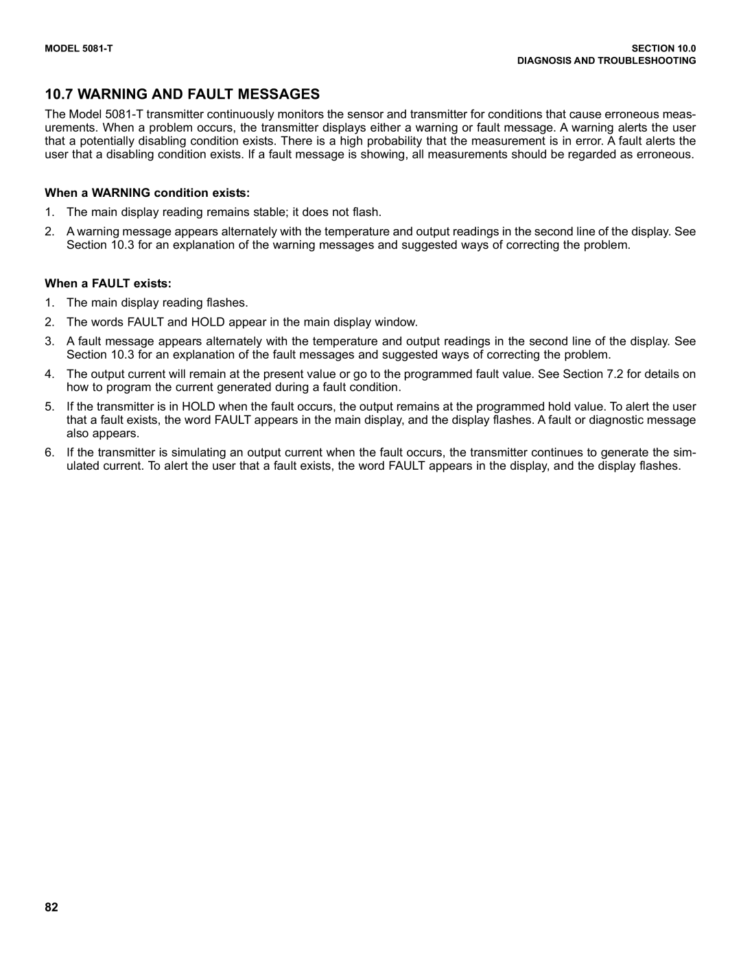 Emerson 5081-T instruction manual When a Warning condition exists, When a Fault exists 