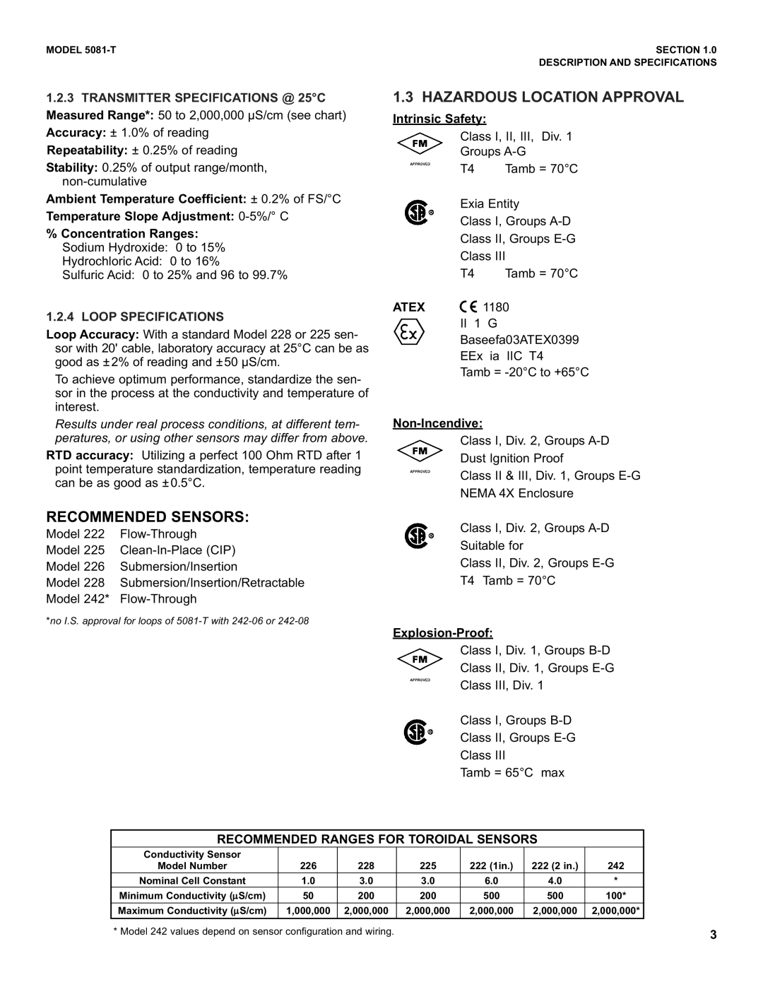 Emerson 5081-T instruction manual Recommended Sensors, Atex, Recommended Ranges for Toroidal Sensors 