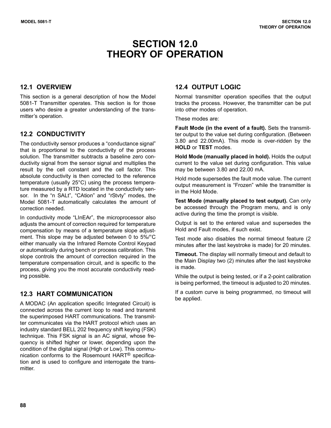 Emerson 5081-T instruction manual Section Theory of Operation, Conductivity, Hart Communication, Output Logic 