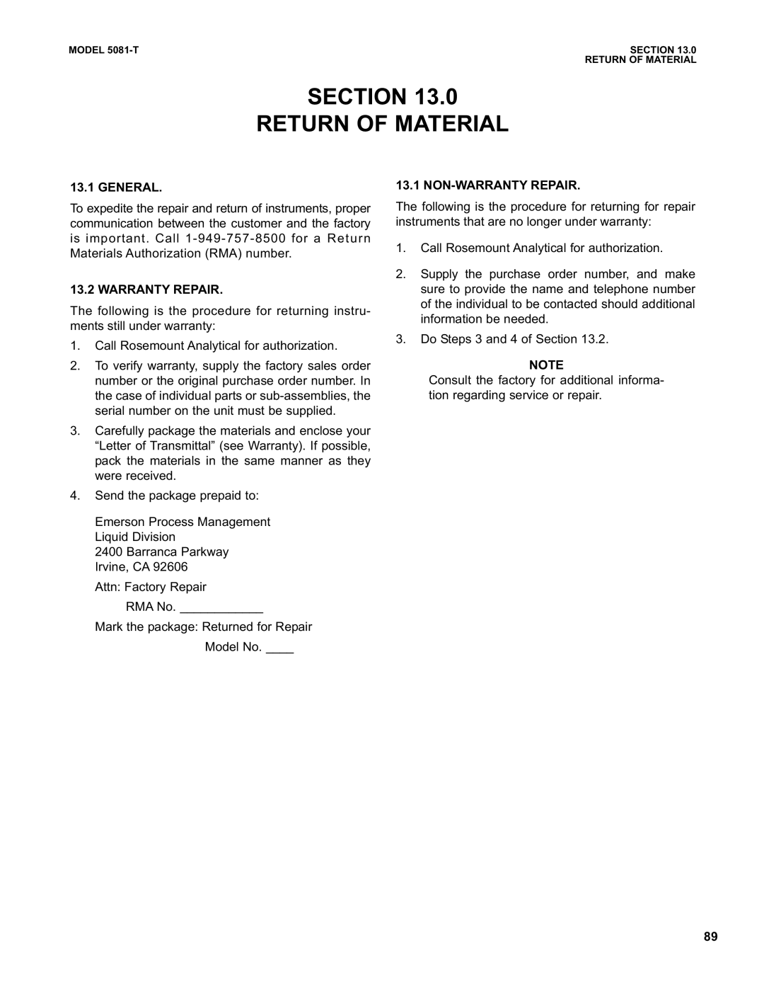 Emerson 5081-T instruction manual Section Return of Material, General, Warranty Repair, NON-WARRANTY Repair 