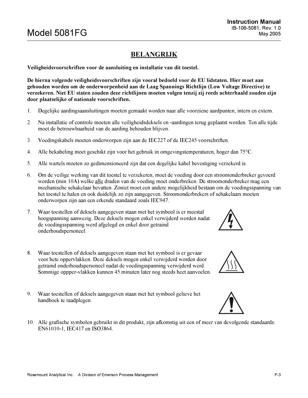 Emerson 5081FG instruction manual Belangrijk 