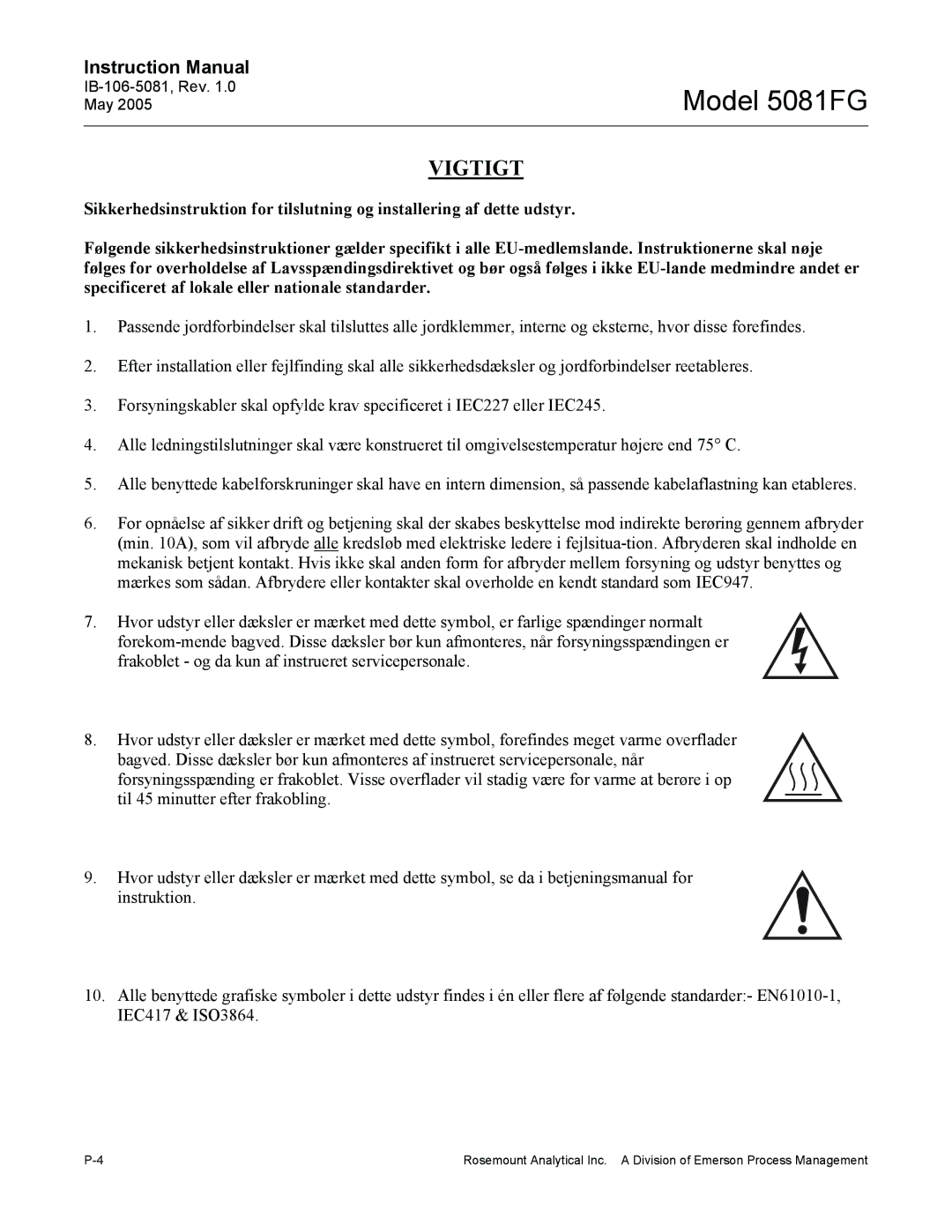 Emerson 5081FG instruction manual Vigtigt 