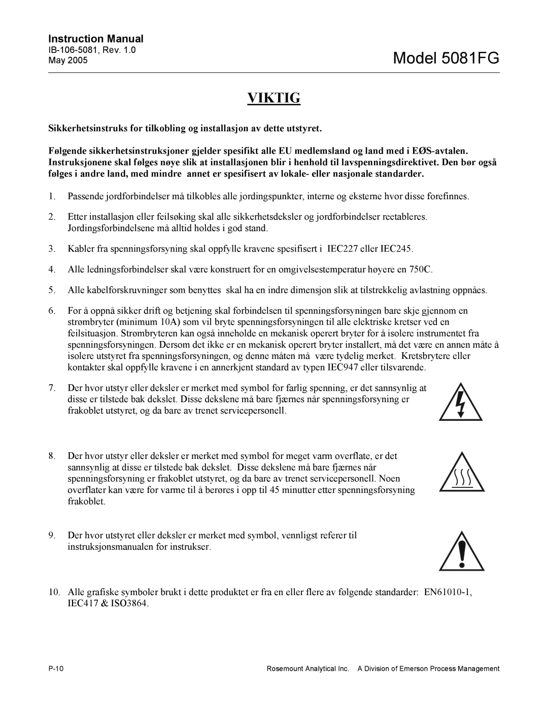 Emerson 5081FG instruction manual Viktig 