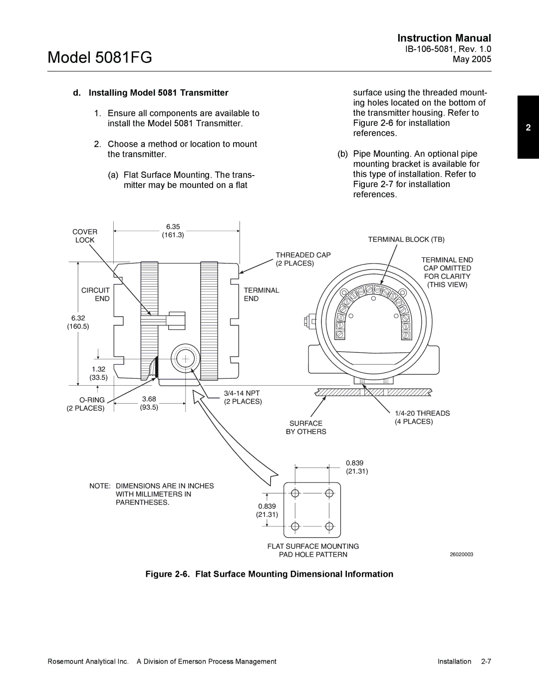 Emerson 5081FG instruction manual Installing Model 5081 Transmitter 