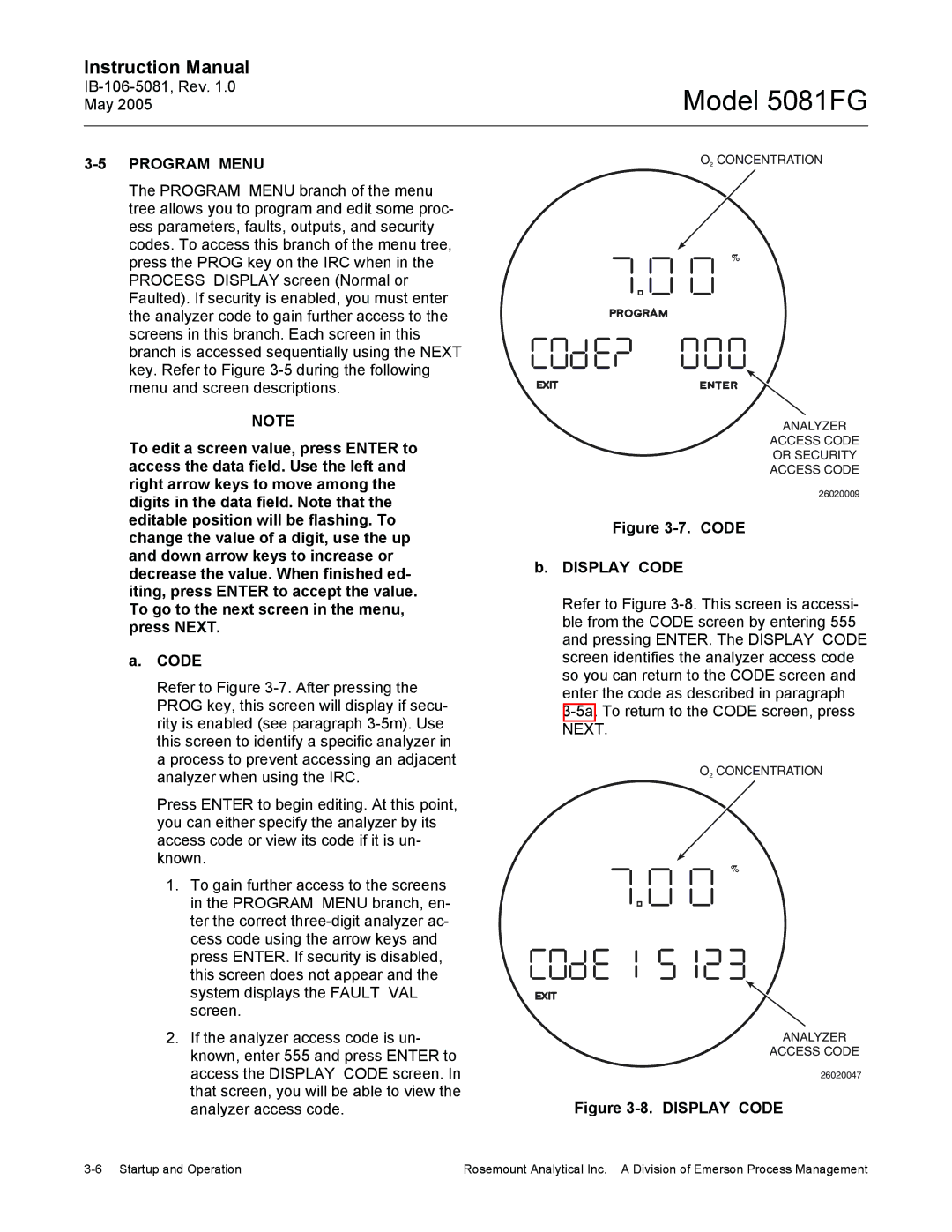 Emerson 5081FG instruction manual Program Menu, O2 Concentration Analyzer Access Code Or Security 