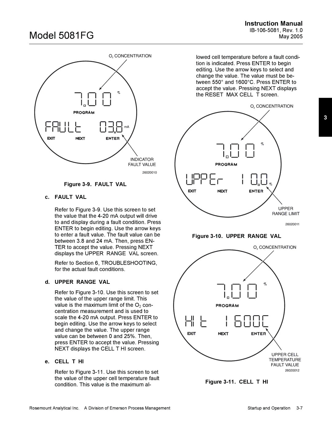 Emerson 5081FG instruction manual Upper Range VAL, Cell T HI, O2 Concentration Indicator Fault Value, Upper Range Limit 