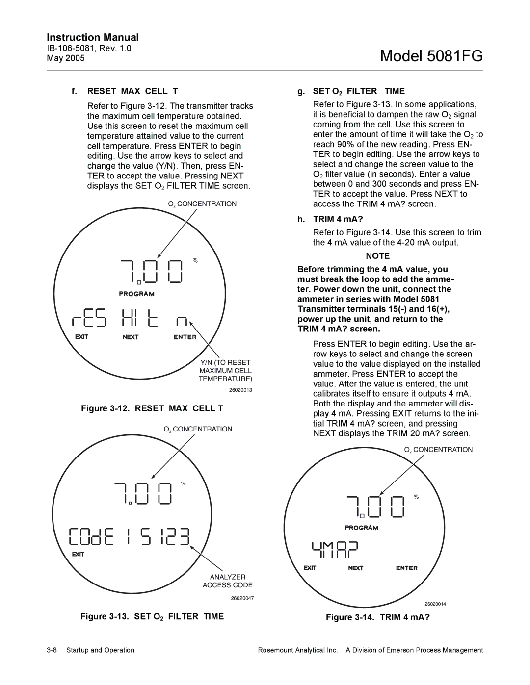 Emerson 5081FG instruction manual Reset MAX Cell T, SET O2 Filter Time, Trim 4 mA?, To Reset Maximum Cell Temperature 