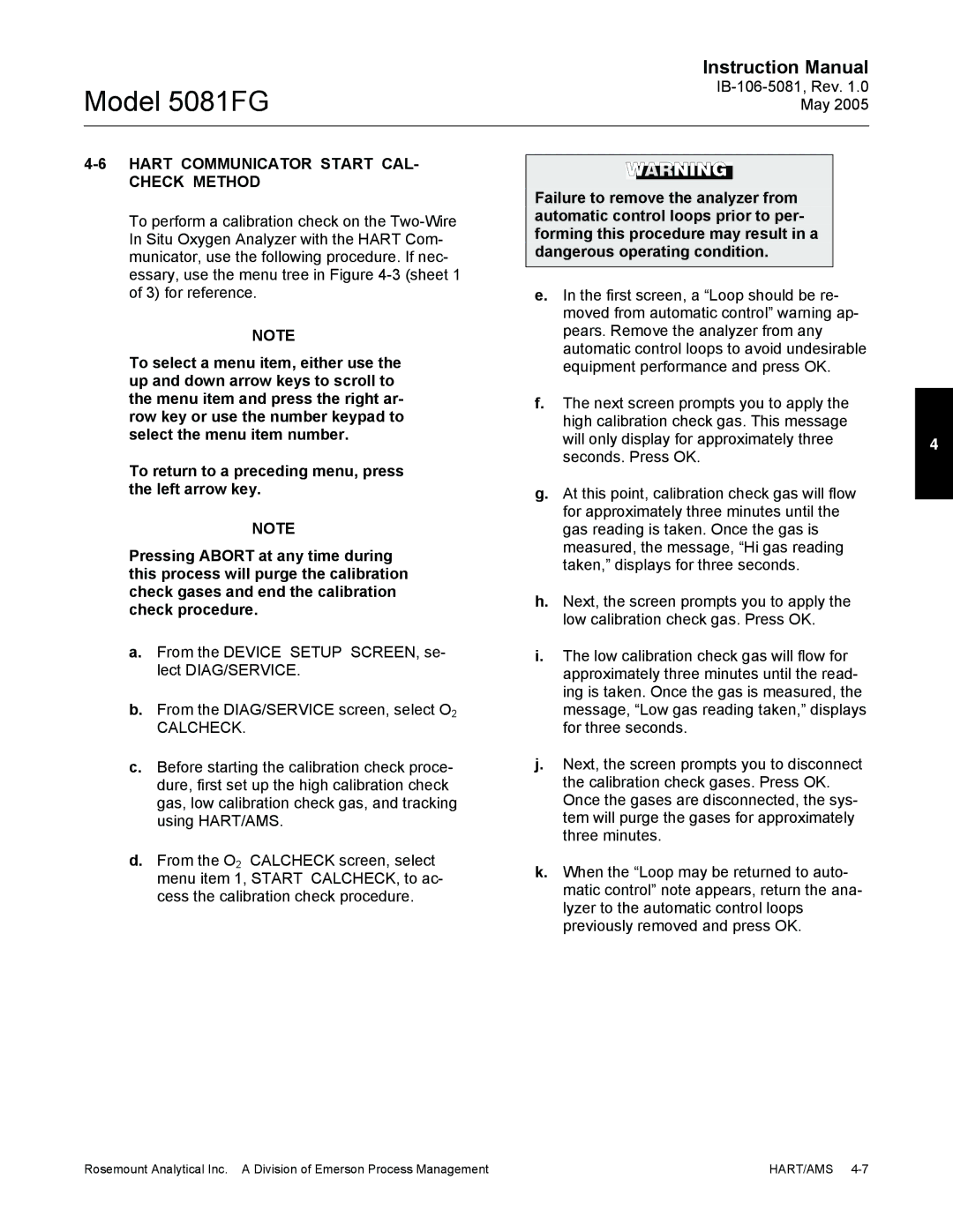 Emerson 5081FG instruction manual Hart Communicator Start CAL- Check Method 