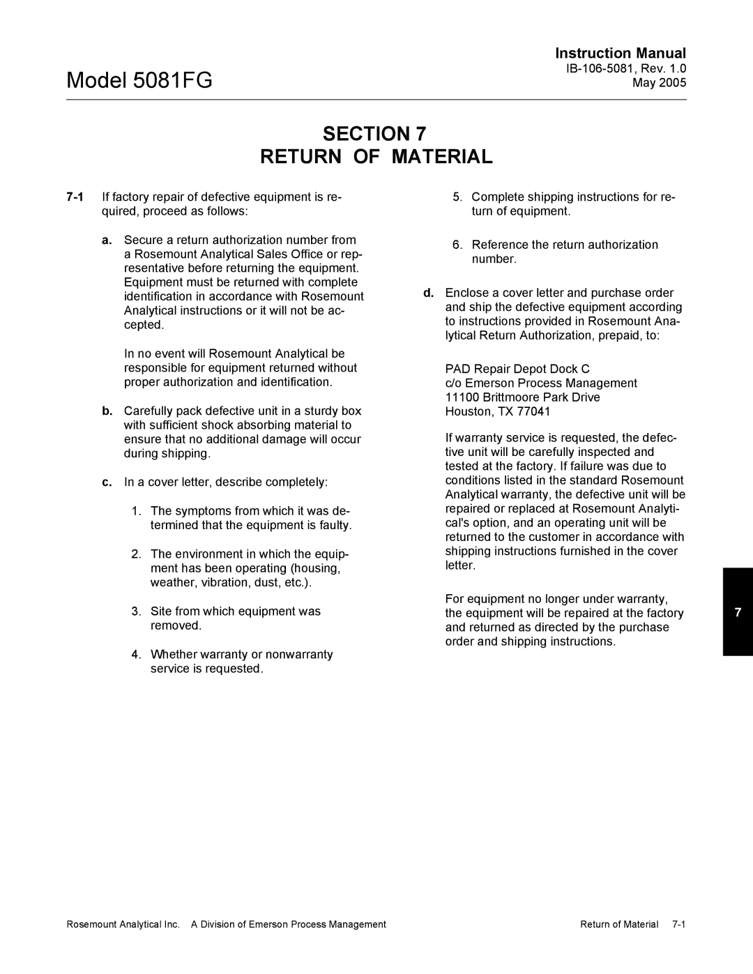 Emerson 5081FG instruction manual Section Return of Material 