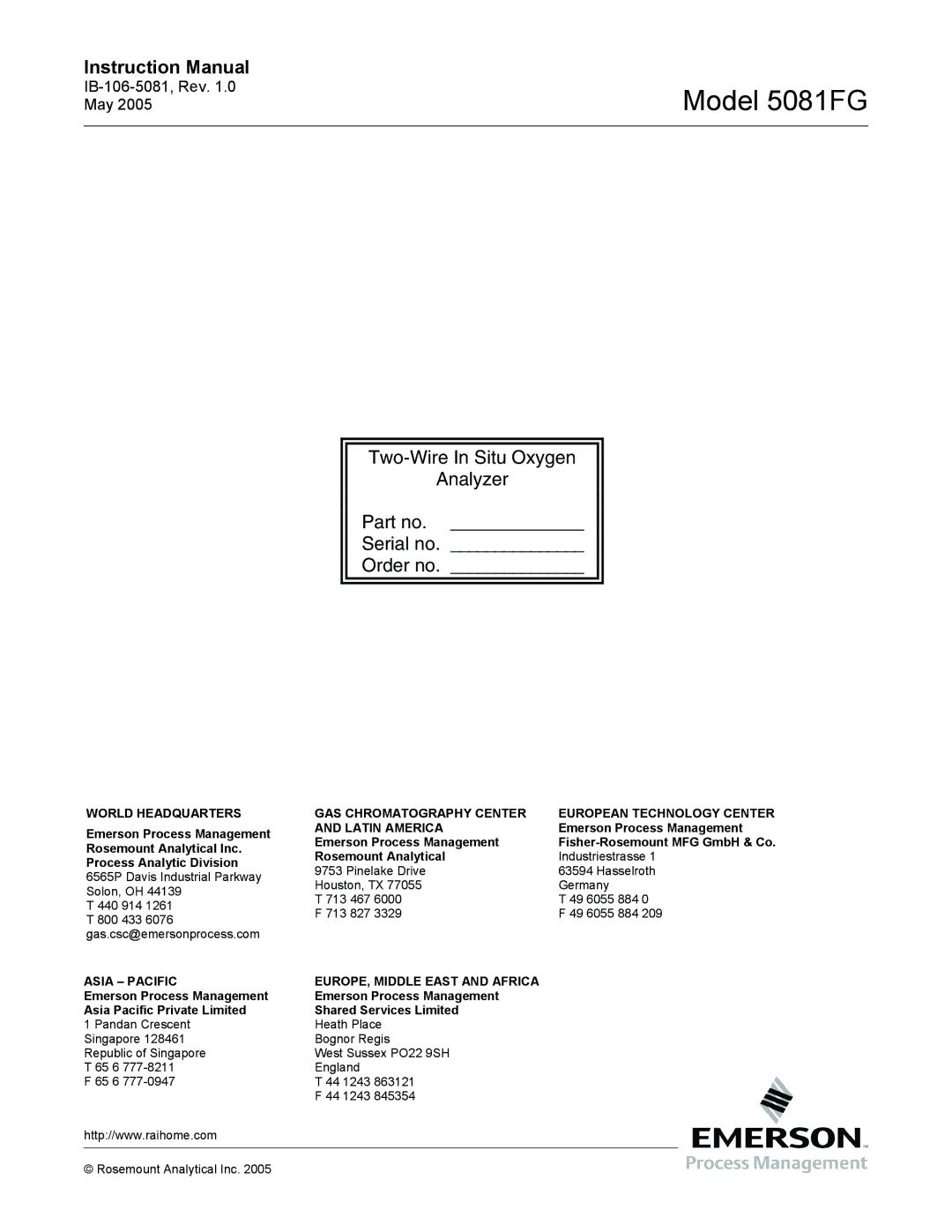 Emerson 5081FG instruction manual Two-Wire In Situ Oxygen Analyzer Serial no Order no 