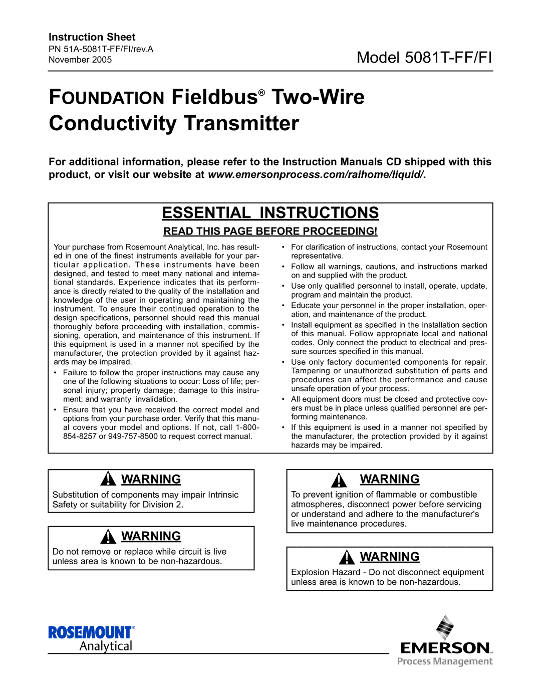 Emerson 5081T-FF/FI instruction sheet Essential Instructions, Read this page Before Proceeding 