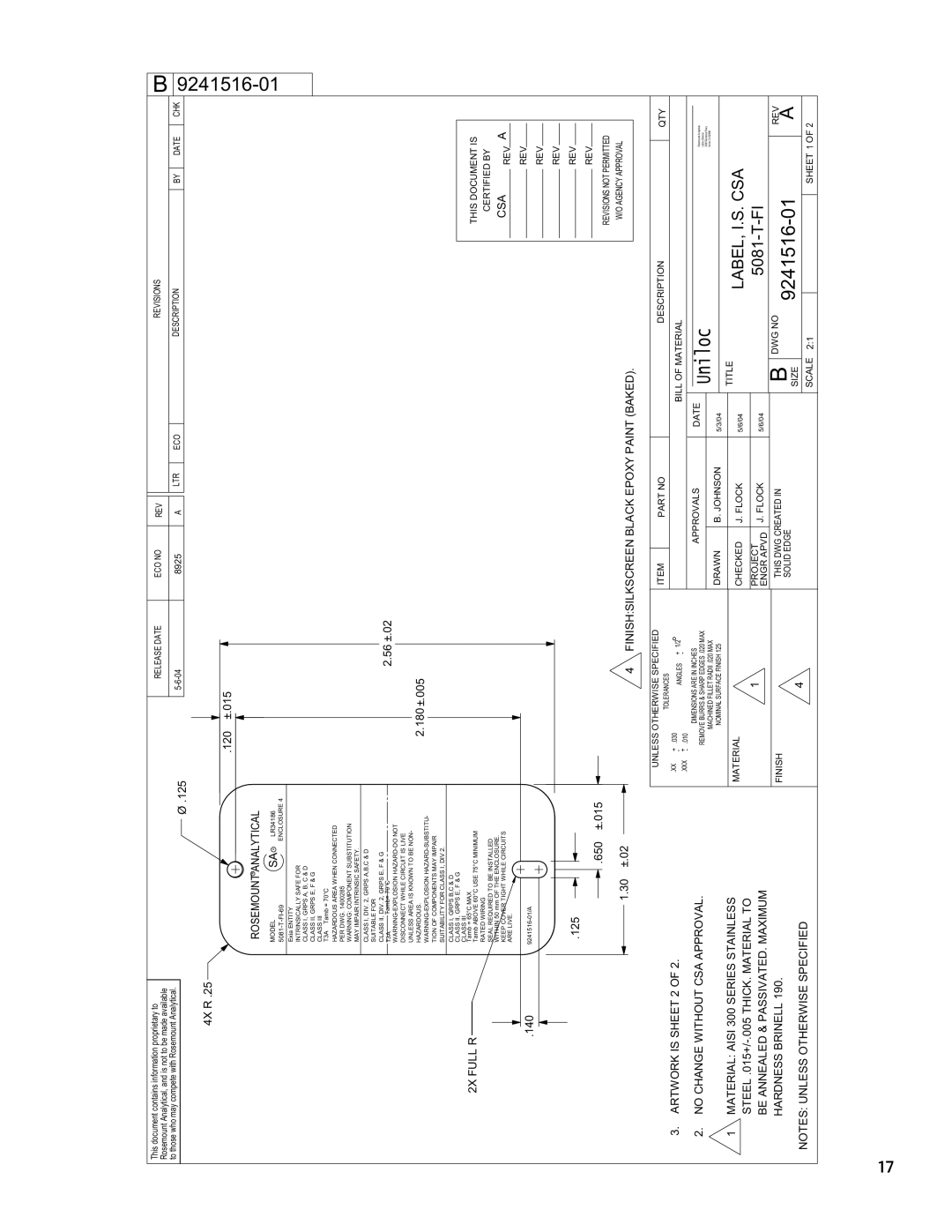 Emerson 5081T-FF/FI instruction sheet 140 125, 125 650 ±.015, Csa 