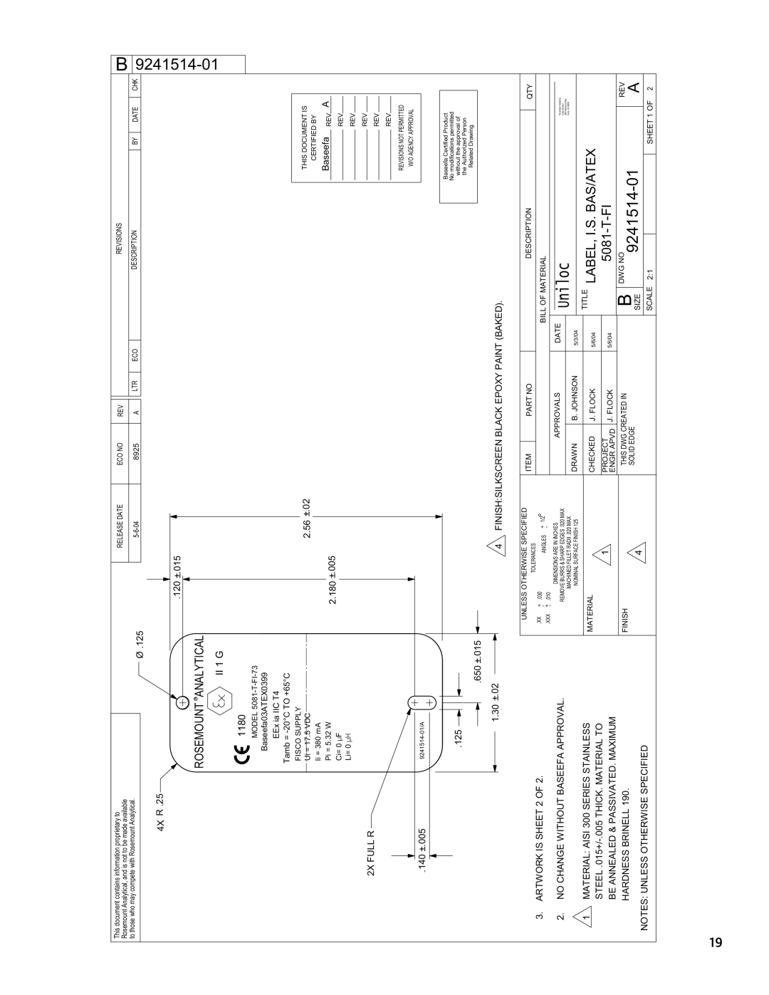 Emerson 5081T-FF/FI II 1 G 1180, 125 4X R, Baseefa REV a, Artwork is Sheet 2 No Change Without Baseefa Approval 