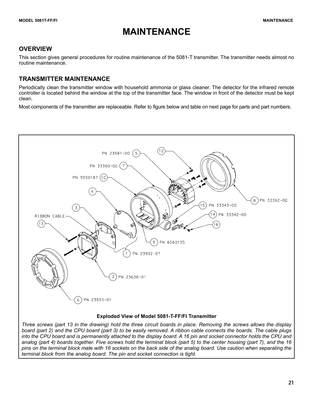 Emerson 5081T-FF/FI Overview, Transmitter Maintenance, Exploded View of Model 5081-T-FF/FI Transmitter 