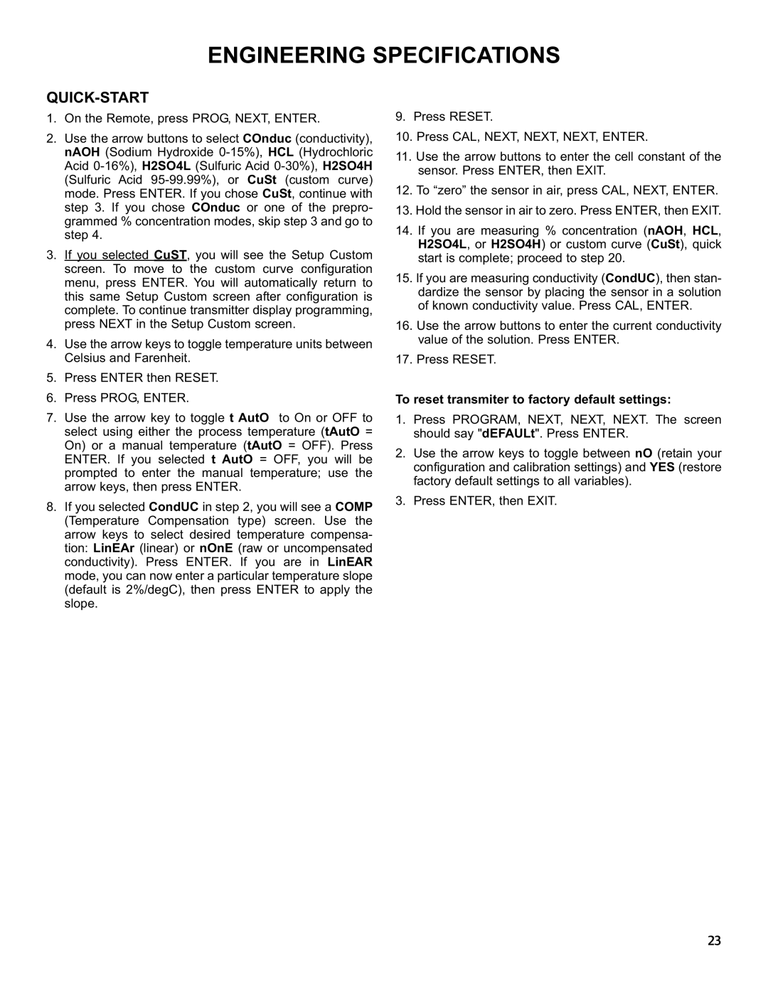 Emerson 5081T-FF/FI Engineering Specifications, Quick-Start, To reset transmiter to factory default settings 