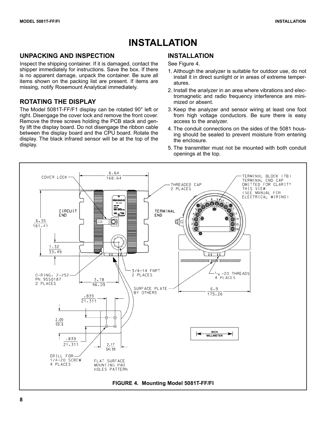 Emerson 5081T-FF/FI instruction sheet Installation, Unpacking and Inspection, Rotating the Display 