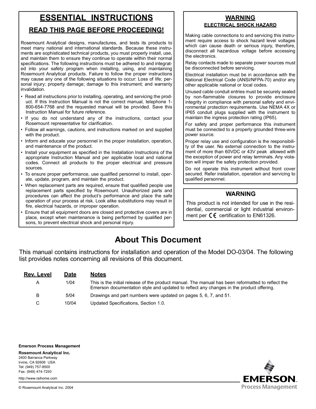 Emerson 51-DO-04, 51-DO-03 instruction manual Essential Instructions 