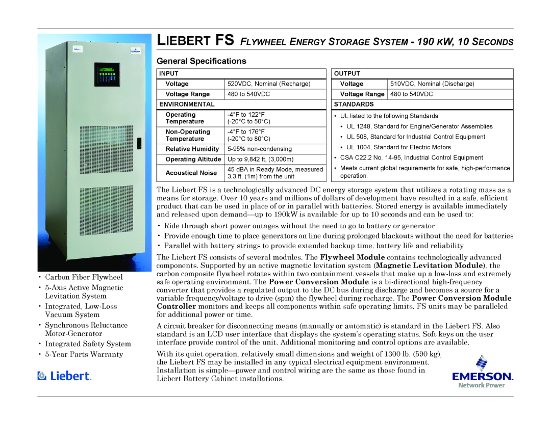 Emerson 510 VDC specifications General Specifications, Input, Environmental, Output, Standards 