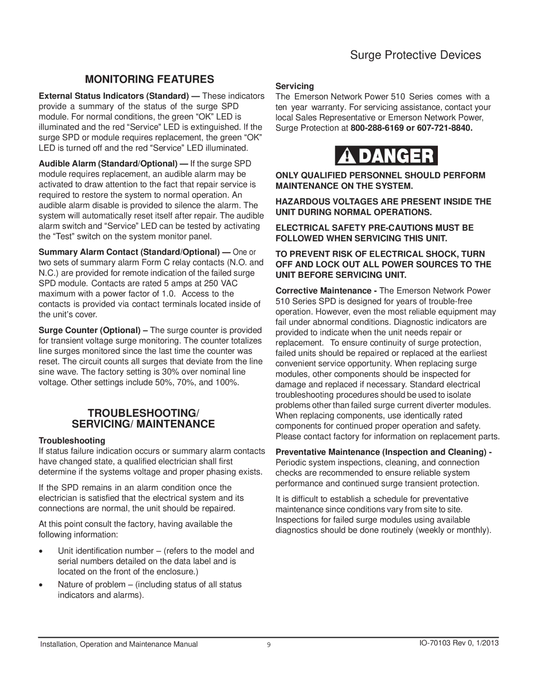 Emerson 510 manual Monitoring Features, Troubleshooting SERVICING/ Maintenance, Servicing 