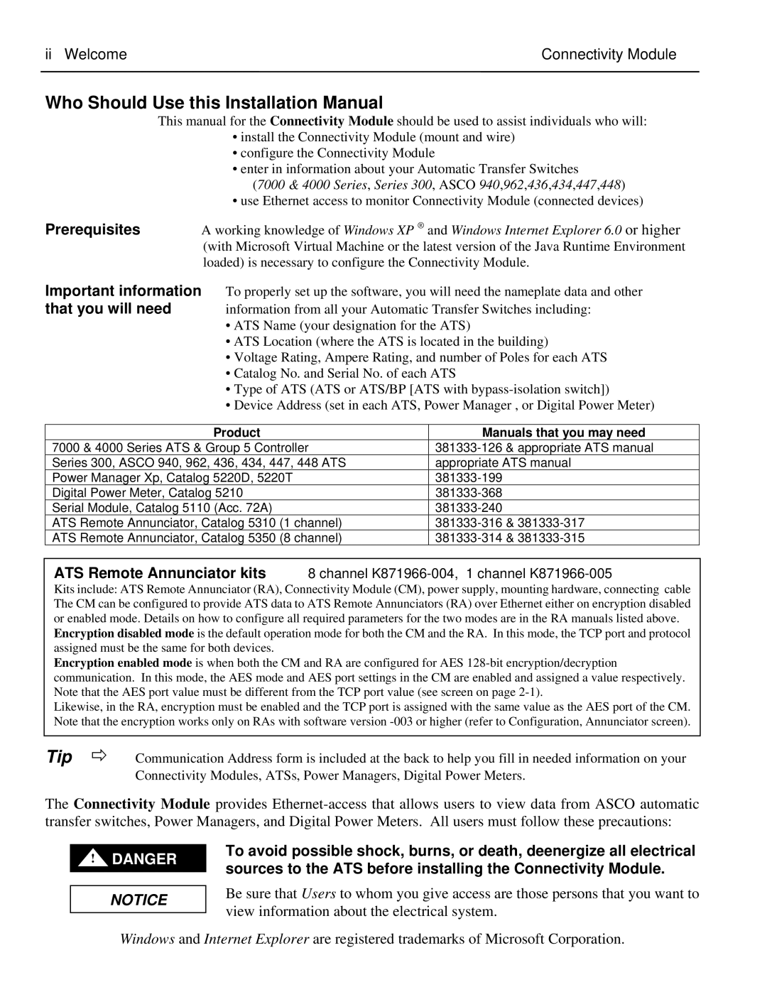 Emerson 5100 Who Should Use this Installation Manual, Ii Welcome Connectivity Module, Prerequisites, Important information 