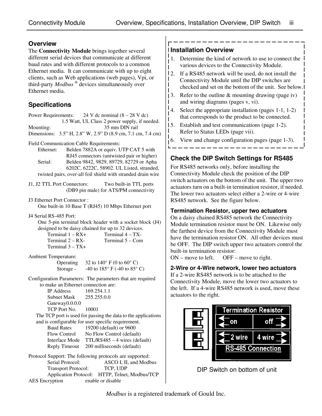 Emerson 5100 installation manual Specifications, Installation Overview, Check the DIP Switch Settings for RS485 