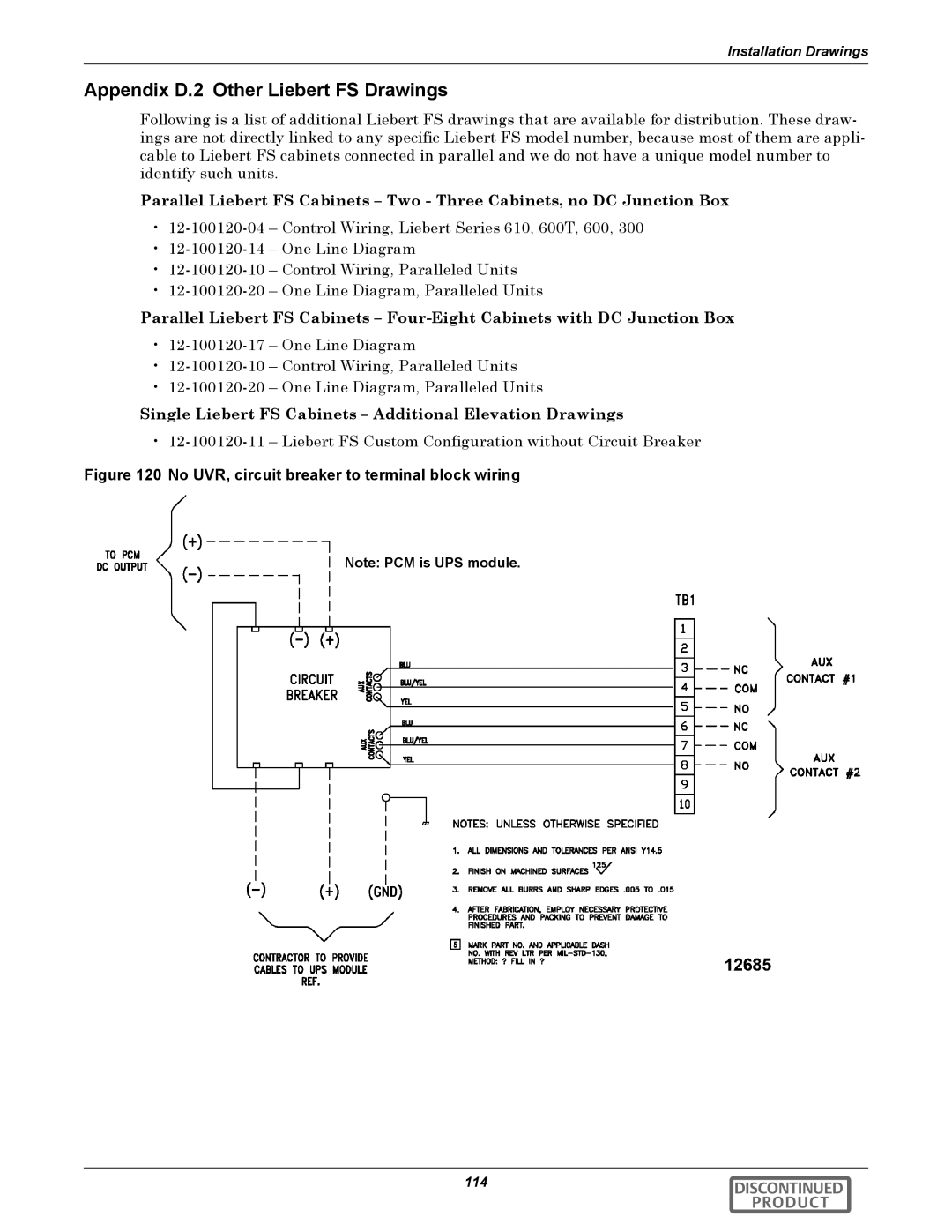 Emerson 540VDC manual Appendix D.2 Other Liebert FS Drawings, No UVR, circuit breaker to terminal block wiring 