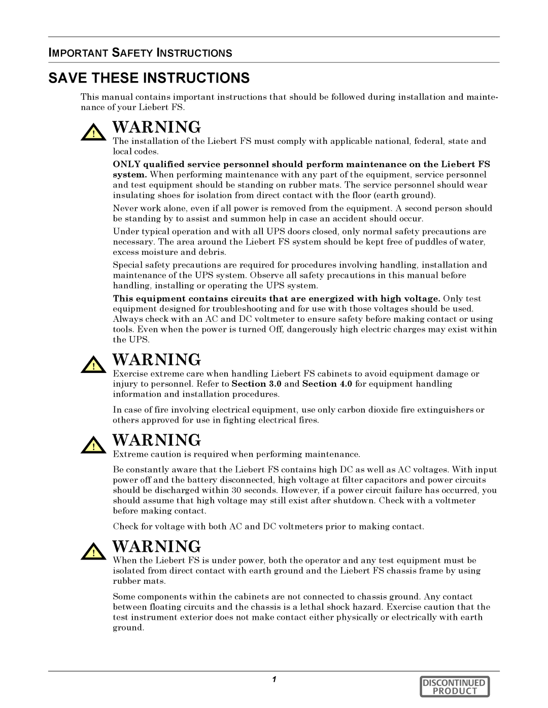 Emerson 540VDC manual Important Safety Instructions 