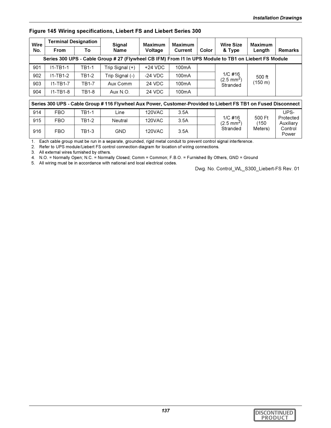 Emerson 540VDC manual Wiring specifications, Liebert FS and Liebert Series 